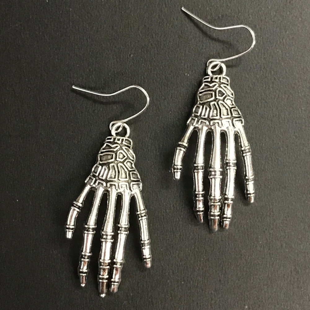Skeleton Hands Silver Tone Dangle Earrings 025 - image 1